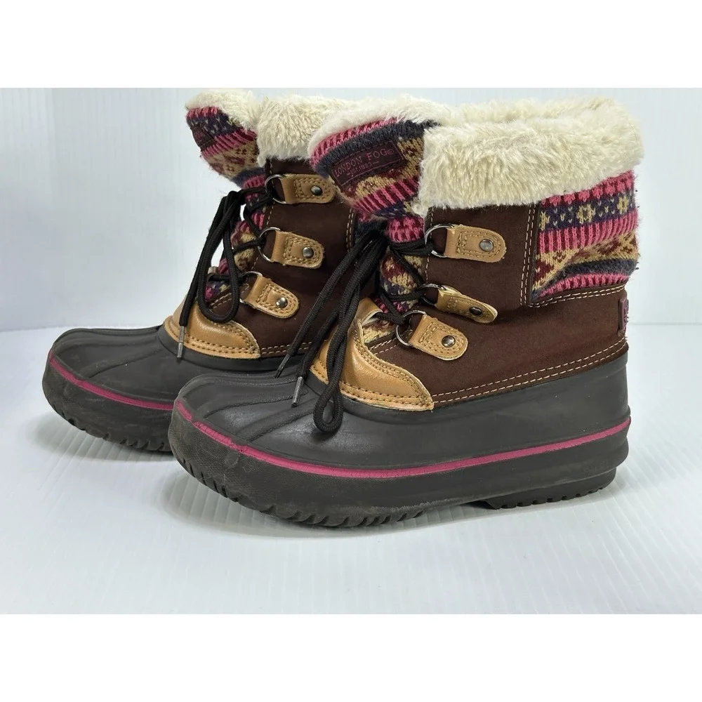 London Fog Girls Tottenham Brown Pink Faux Fur Lined Winter‎ Snow Boots Size 1